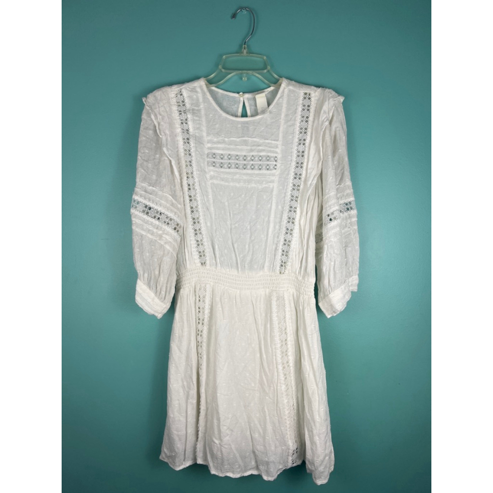 H&M White Boho Lace Mini Dress Women’s 4 Smocked Waist Peasant Festival Lined